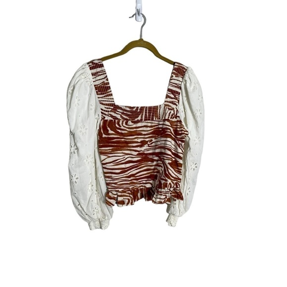 Anthropologie Love the Label Eyelet Puff Sleeve Mixed Print Blouse Small - Picture 1 of 6